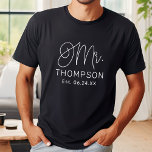 Mr White Modern Script Custom Wedding T-Shirt<br><div class="desc">Modern and casual chic white calligraphy script "Mr." men's wedding tee shirt features custom text that can be personalised with the groom's last name and wedding date / date established. Perfect for the newly wed to wear at the honeymoon and beyond! Visit our store for the matching Mrs. shirt.</div>