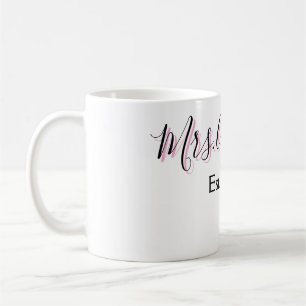 Mrs add name last name black pink est year modern coffee mug