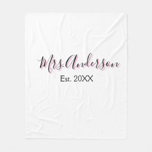 Mrs add name last name black pink est year modern fleece blanket