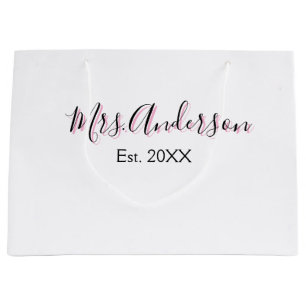 Mrs add name last name black pink est year modern  large gift bag