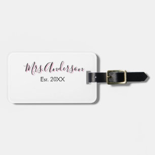 Mrs add name last name black pink est year modern luggage tag