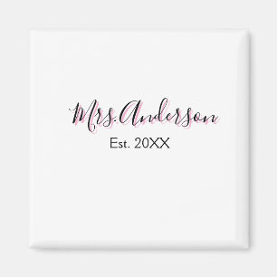 Mrs add name last name black pink est year modern magnet