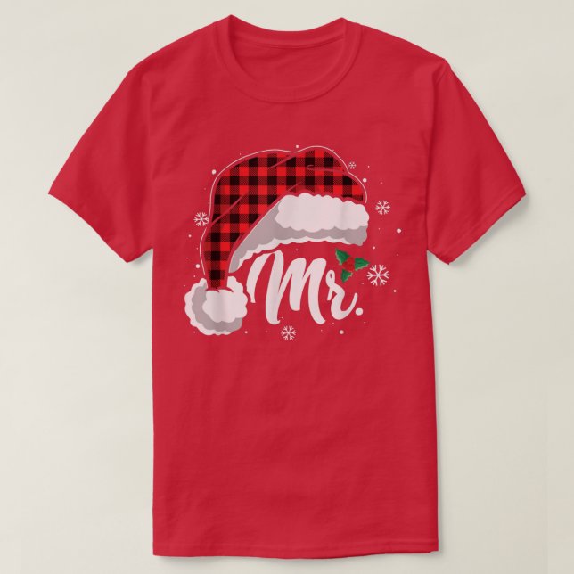 Mrs And Mr Santa Hat Buffalo Plaid Christmas Coupl T-Shirt (Design Front)