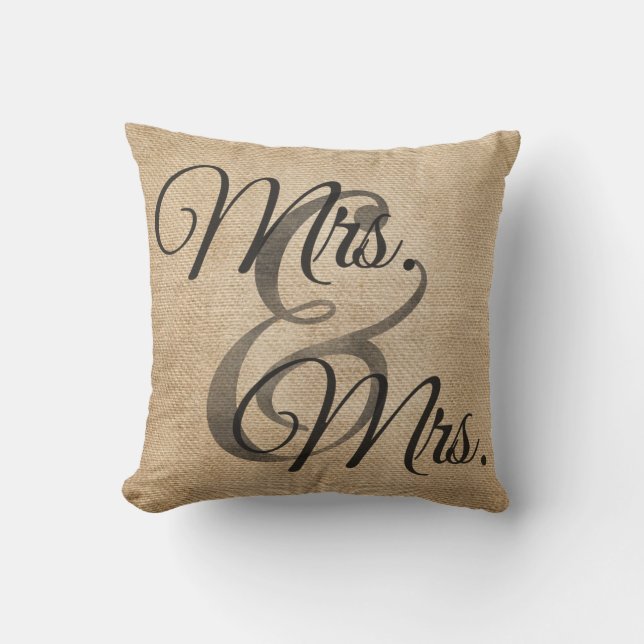 Mrs and Mrs Burlap lesbian Wedding Personalised Cushion (Front)