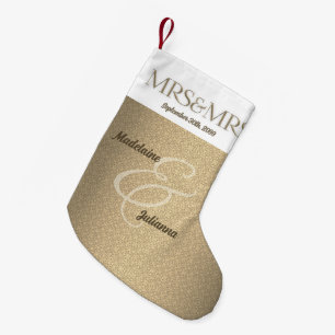 MRS and MRS Champagne Damask with Year and Names S Small Christmas Stocking