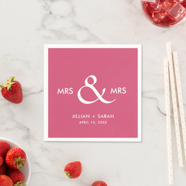 Mrs and Mrs Lesbian LGBT Pink Wedding Napkin (Insitu)