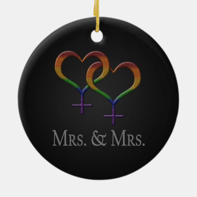 Mrs. and Mrs. Lesbian Pride Rainbow Symbols Ceramic Tree Decoration (Back)