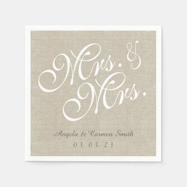 Mrs. and Mrs. Linen Rustic Wedding Paper Napkins (Front)