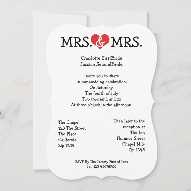 Mrs and Mrs Love Heart Lesbian Wedding Invitation (Front)