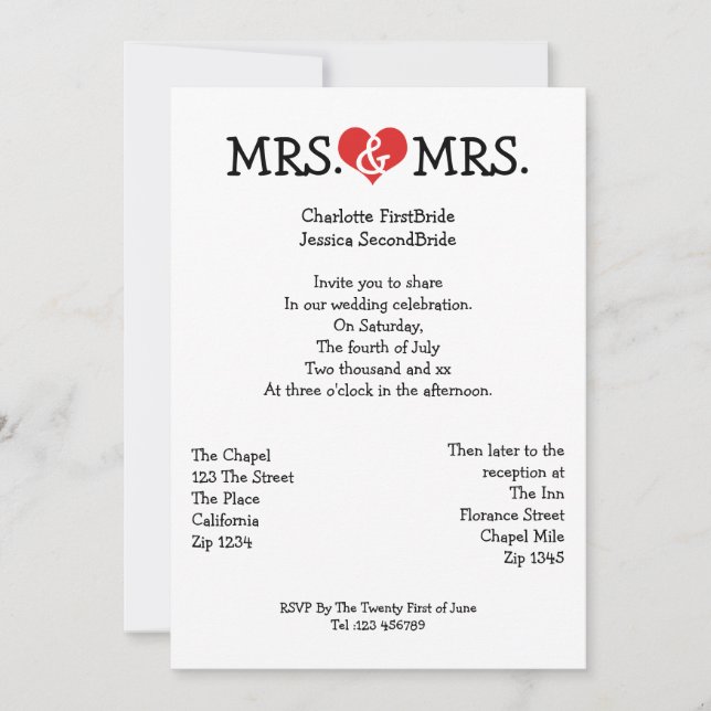 Mrs and Mrs Love Heart Lesbian Wedding Invitation (Front)