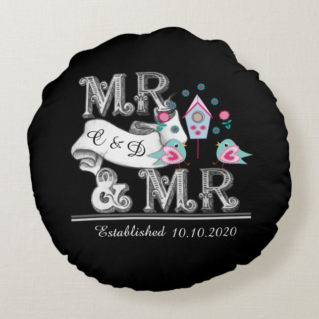Mrs and Mrs Personalised Gay Wedding Gift Round Cushion (Back)