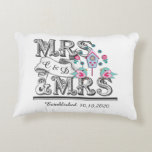 Mrs and Mrs Personalised Lesbian Wedding Gift Decorative Cushion<br><div class="desc">A special wedding gift on a special day for the happy lesbian couple; this cute word art pillows, "MRS and MRS" with a cute pair of love birds and bird house in pink and blue. Don't forget to personalise it with the date of the wedding and their name or initials...</div>