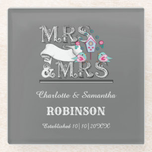 Mrs and Mrs Personalised Lesbian Wedding Gift Glass Coaster