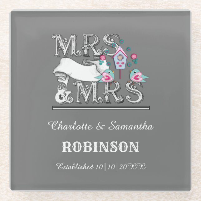 Mrs and Mrs Personalised Lesbian Wedding Gift Glass Coaster (Front)