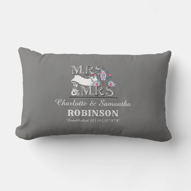 Mrs and Mrs Personalised Lesbian Wedding Gift Lumbar Cushion (Front)