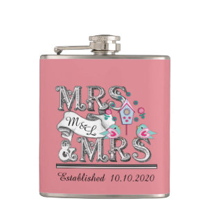 Mrs and Mrs Personalised Lesbian Wedding Gifts Hip Flask