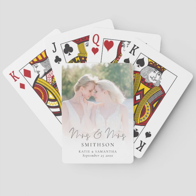 Mrs and Mrs Script Photo Overlay Lesbian Wedding Playing Cards (Back)