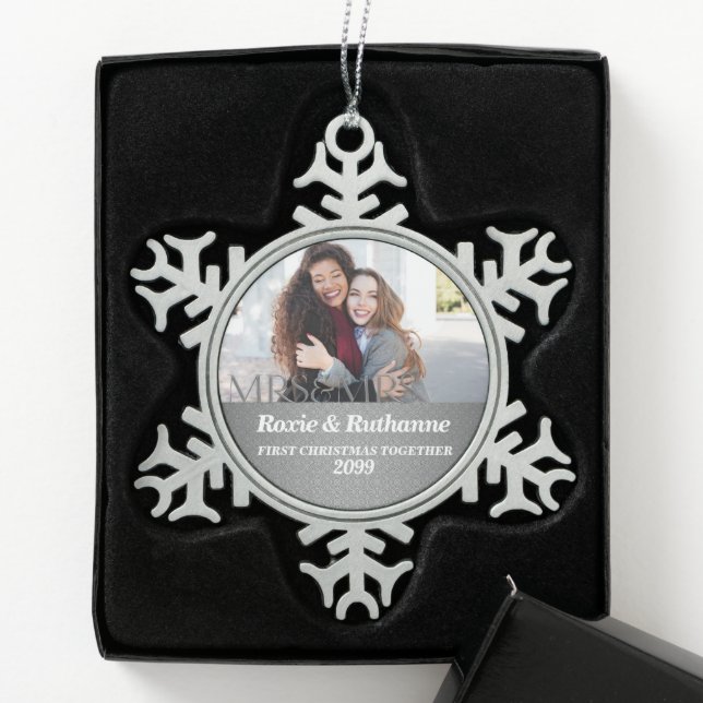 Mrs and Mrs Silver Damask First Christmas Snowflake Pewter Christmas Ornament (Box)