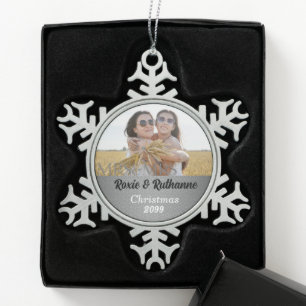 Mrs and Mrs Silver Damask Photo Snowflake Pewter Christmas Ornament
