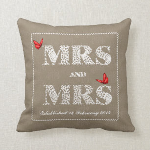 Mrs and Mrs White Lace  Word Art  Red Butterflies Cushion