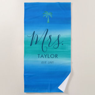 Mrs. Beach Ombre Ocean Blue Green Wedding Gift Towel