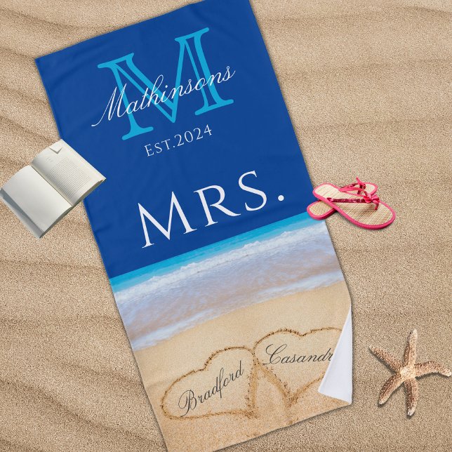 Mrs. Beach Wedding Hearts in Sand Family Monogram  Beach Towel (Creator Uploaded)