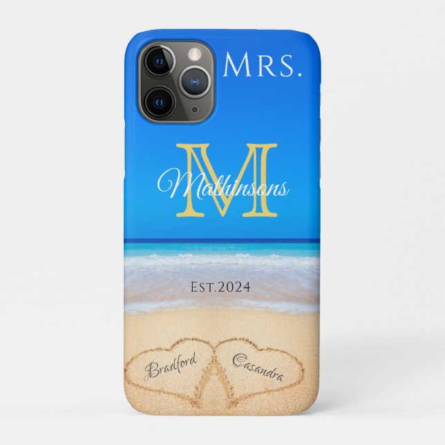 Mrs. Beach Wedding Hearts in Sand Family Monogram  Case-Mate iPhone Case (Back)