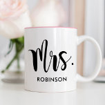 Mrs Black Modern Script Custom Wedding Two-Tone Coffee Mug<br><div class="desc">Simple and modern coffee mug features Mrs in script with last name custom text. Perfect gift for a newly married couple! Visit our store for the matching Mr Monogram Mug.</div>