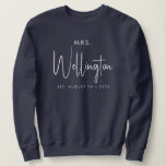 Mrs Black Script Custom Name Bridal Newlywed Sweat Sweatshirt<br><div class="desc">Get ready for your honeymoon with this cosy sweater in dark blue: Modern calligraphy script in black for "Mrs" and your custom text for name and wedding date. Buy one for yourself (congrats btw!) or as a great gift for a newlywed bride! More colours available, just pick your favourite in...</div>