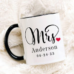 Mrs. Black Script Married Monogram Wedding Mug<br><div class="desc">Personalised coffee mugs for the newly married Mr. and Mrs. feature elegant black script and custom last name and wedding date monogram text that can be personalised. Design includes a cute red heart detail. Makes a great wedding gift! Shop our store for the coordinating mug design.</div>