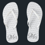 Mrs Bridal Elegant Wedding Day Womens White Flip Flops<br><div class="desc">Mrs Bridal Elegant Wedding Day Womens White Flip Flops Go comfortable and stylish after you say "I do" on your big day! Change into a pair of trendy elegant white flip flops with thin thong straps and "Mrs" in grey script and light grey polka dots patterned on each shoe. Customise...</div>