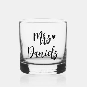 Mrs brides name black typography and heart wedding stemless wine glass