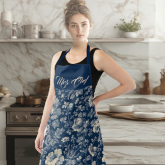 Mrs Chef Typography Indigo French Toile Floral  Apron