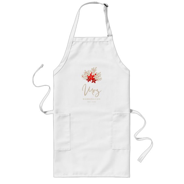 MRS Christmas Holly Branches Poinsettias Bouquet Long Apron (Front)