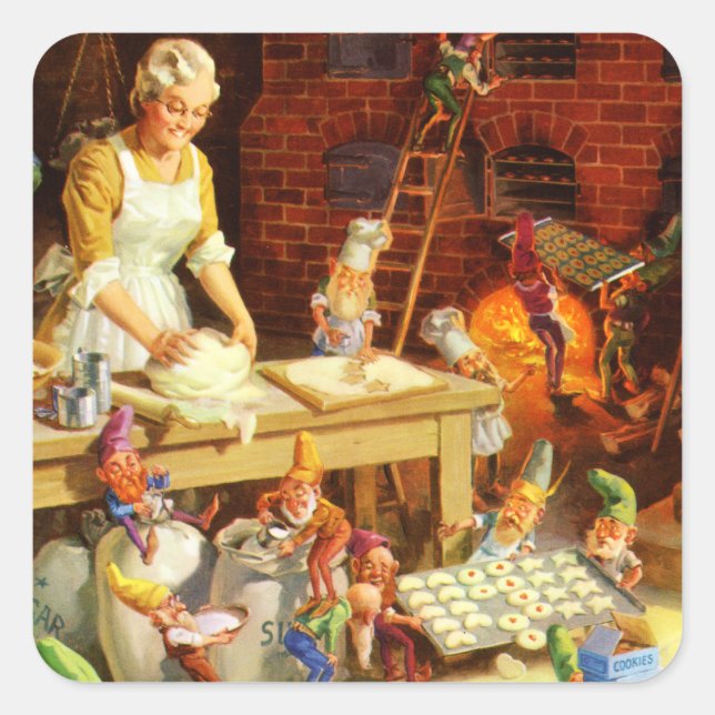 Mrs. Claus and Santas Elves Bake Christmas Cookies Square Sticker (Front)