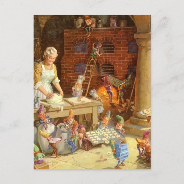 Mrs. Claus and the Elves Bake Christmas Cookies Holiday Postcard (Front)