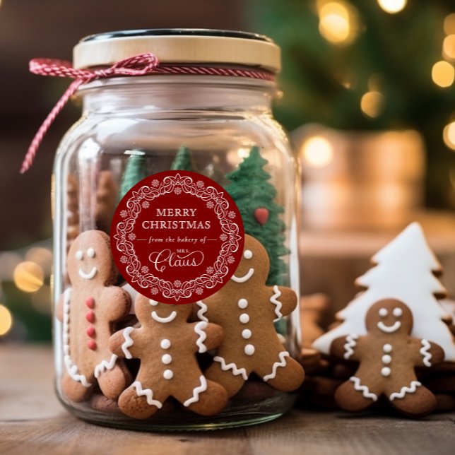 Mrs. Claus’ Bakery Christmas Red Holiday Classic Round Sticker (Creator Uploaded)