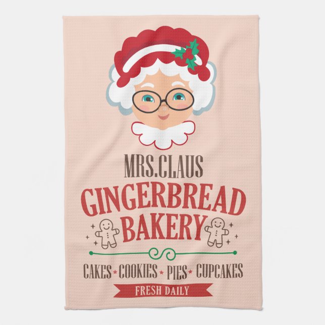 Mrs Claus Gingerbread Bakery Christmas Tea Towel (Vertical)