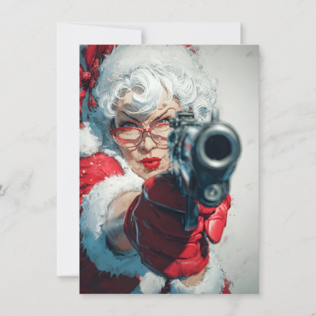Mrs Claus has a Gun Funny Christmas Cards (Front)
