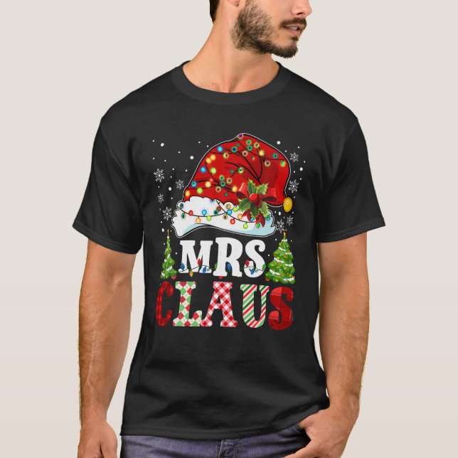 Mrs Claus Santa Lights Christmas Red Plaid Couples T-Shirt (Front)