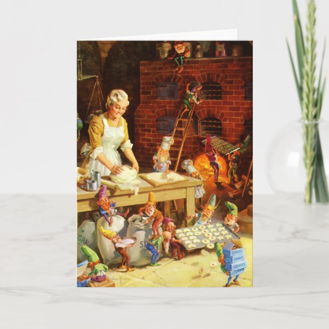 Mrs. Claus & Santa's Elves Bake Christmas Cookies Holiday Card (Front)