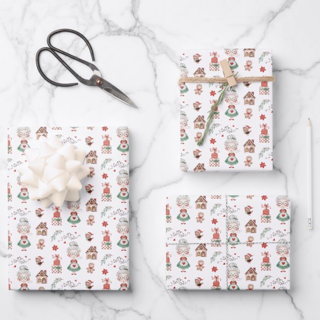 Mrs. Claus Wrapping Paper Flat Sheet Set of 3 (Front)