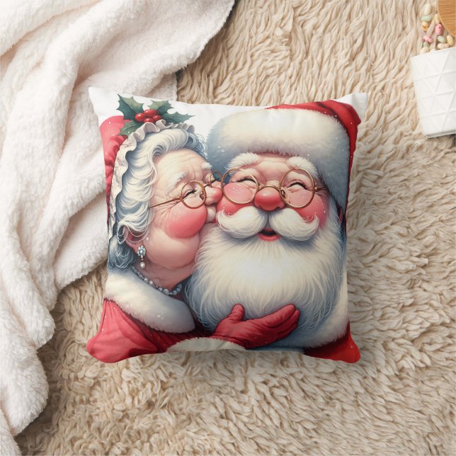 Mrs Clause Kissing Santa Christmas Cushion (Blanket)