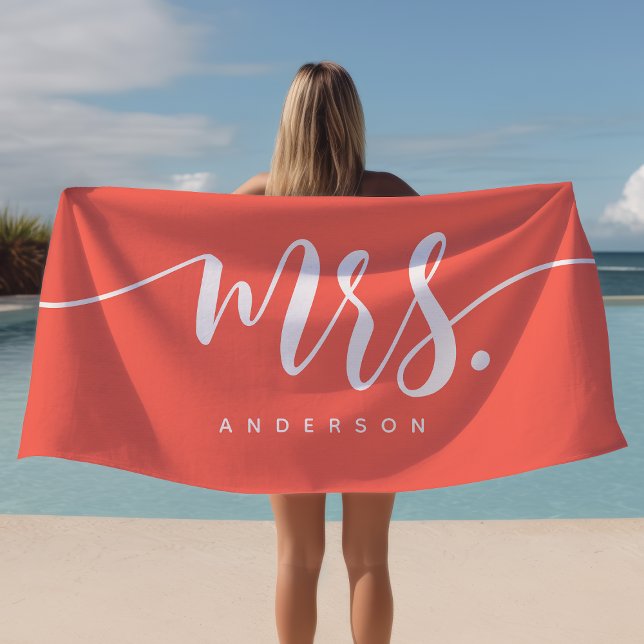 Mrs Coral And White Newlywed Bride Personalised Beach Towel (Creator Uploaded)