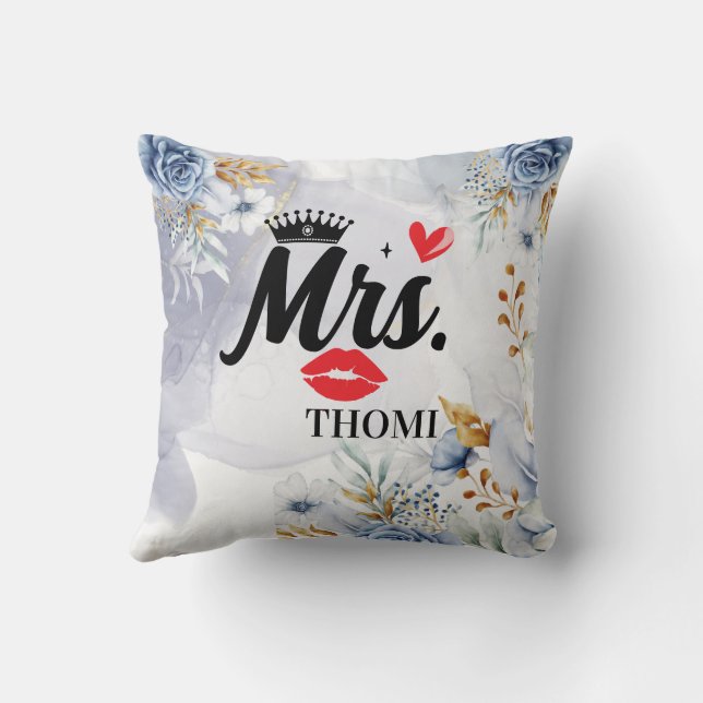 Mrs Crown Heart Floral Watercolor Bridal Shower Cushion (Back)