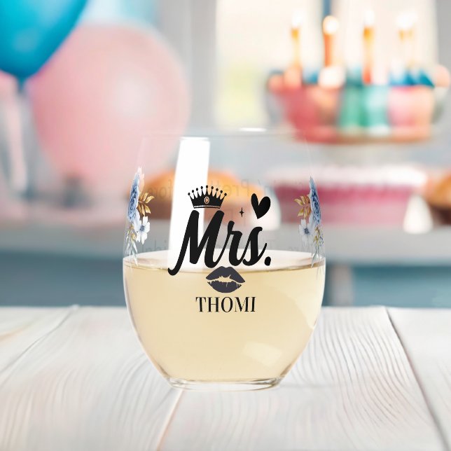 Mrs Crown Heart Lips Floral Blue Romantic Stemless Wine Glass (Insitu (Baby Shower))