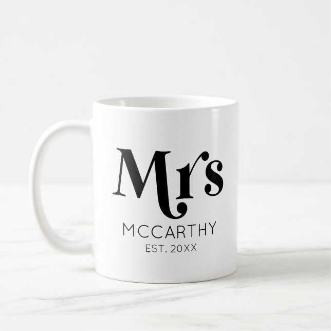 Mrs. Custom Last Name Est. Date Minimal Retro Coffee Mug (Left)