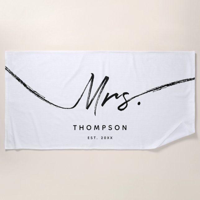Mrs. Custom Modern Black White Minimalist Script Beach Towel (Front)