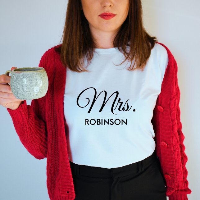 Mrs Custom Name Newlywed Black Script White Womens T-Shirt (Creator Uploaded)