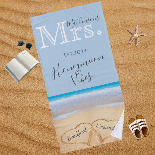Mrs. Dusty Blue Beach Wedding 2 Hearts Sand   Towel